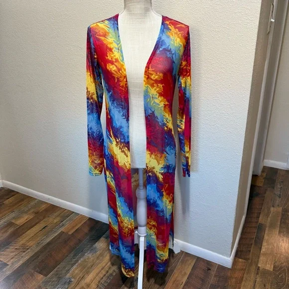 NYC Rainbow Multicolor Mesh Rave Open Front Sheer Disco Duster Cardigan Medium - Picture 1 of 16